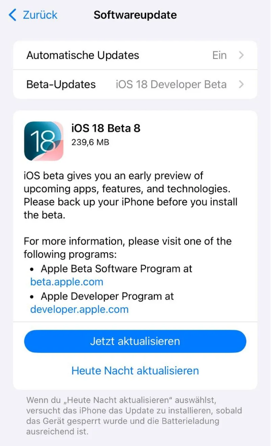 龙陵苹果手机维修分享苹果 iOS / iPadOS 18 开发者预览版 Beta 8 发布 